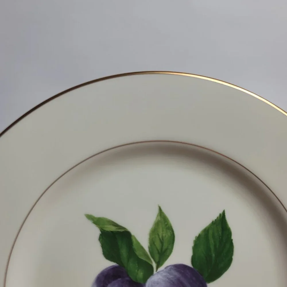 TWO Mikasa Plum Court L3132 Salad Plates White with Purple Plums & Green Leaves